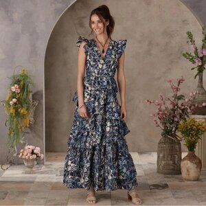 Marie Oliver Marisol Seascape Maxi Dress Blue & White Batik Print size 16